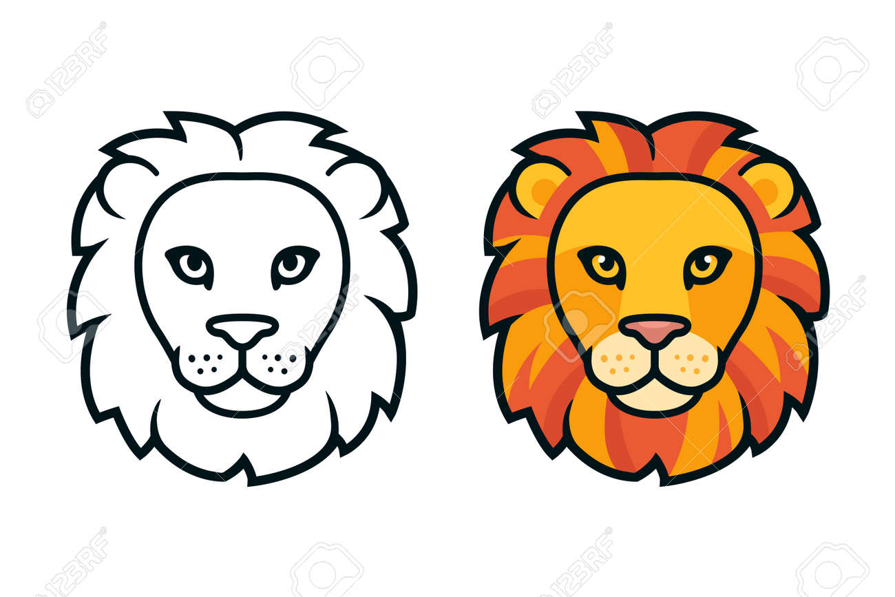 Cartoon Lion Head, Color And Black And White. Mascot Face Front ...