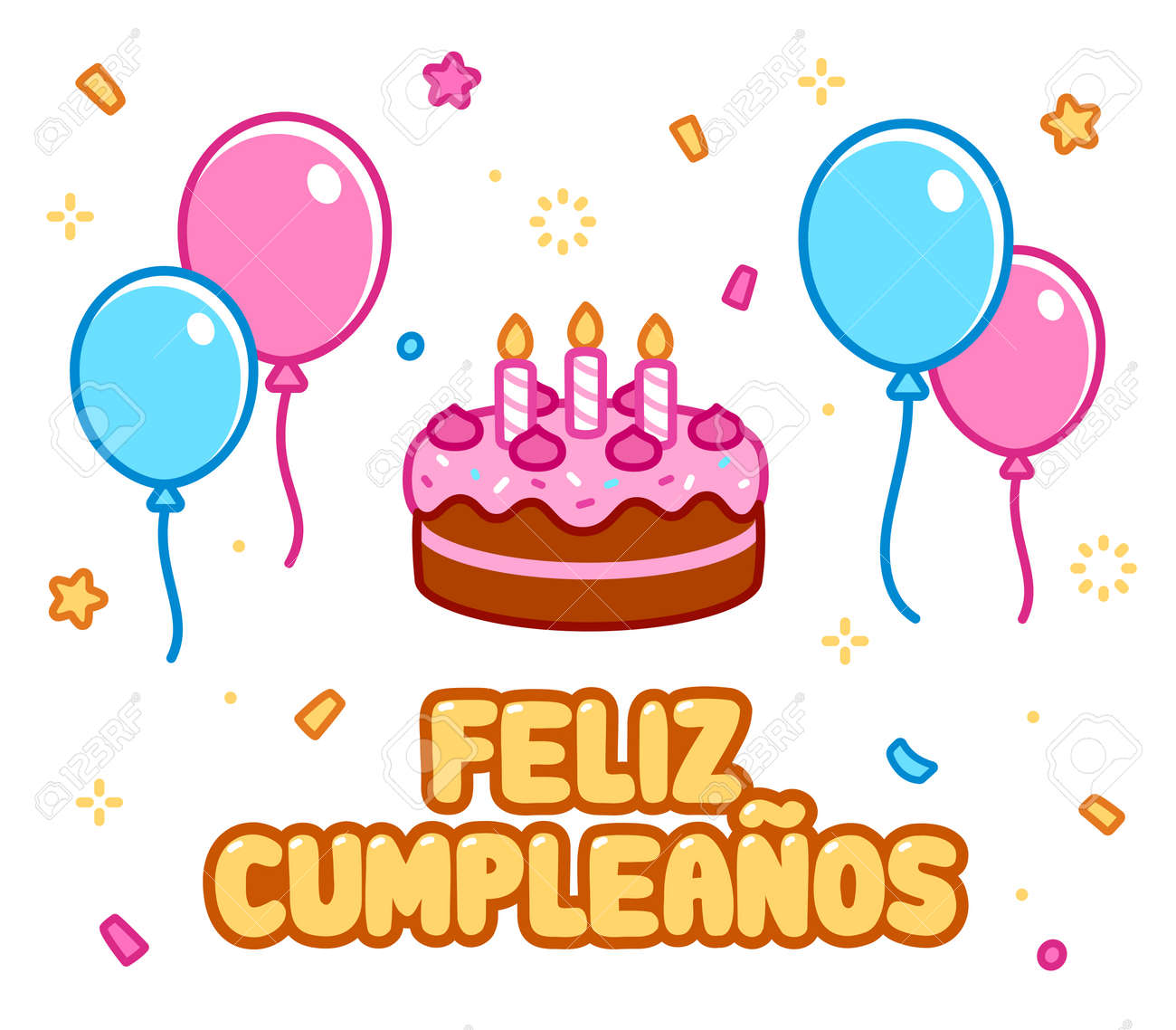 Feliz Cumpleaños, Happy Birthday In Spanish. Cartoon Greeting Card With  Birthday Cake, Balloons And Confetti. Cute Doodle Drawing, Vector  Illustration. Royalty Free SVG, Cliparts, Vectors, and Stock Illustration.  Image 167282657.