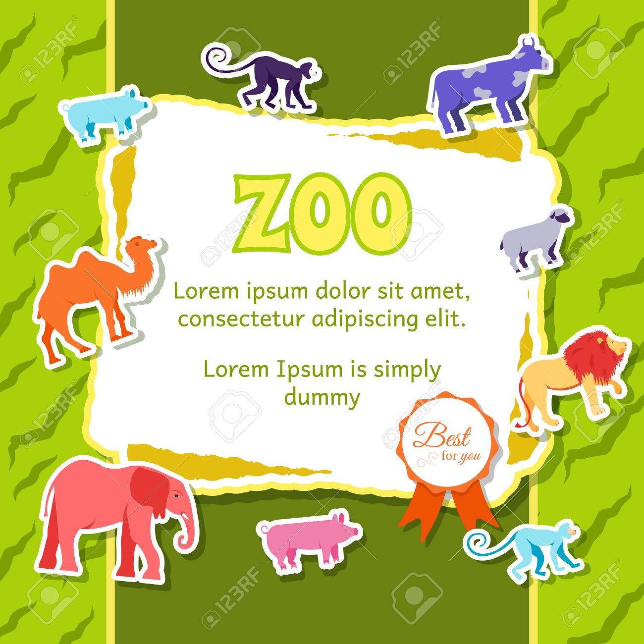 zoo animals elements on green background poster in sticker style