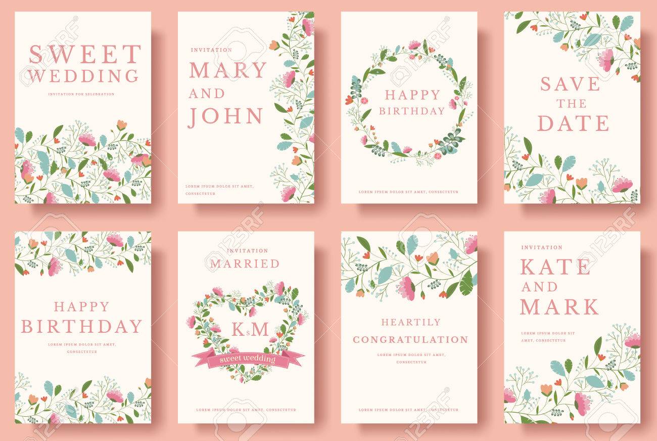 Set of flower invitation cards. colorful greeting wedding invitation card illustration set. Wedding vector design concept collection - 56556752 Set of flower invitation cards. colorful greeting wedding invitation card illustration set. Wedding vector design concept collection - 56556752