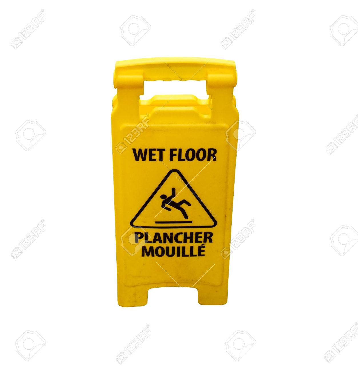 黄色注意滑りやすいウェット クリッピング パスと白い背景の英語とフランス語のラベルの付いた床サイン の写真素材 画像素材 Image