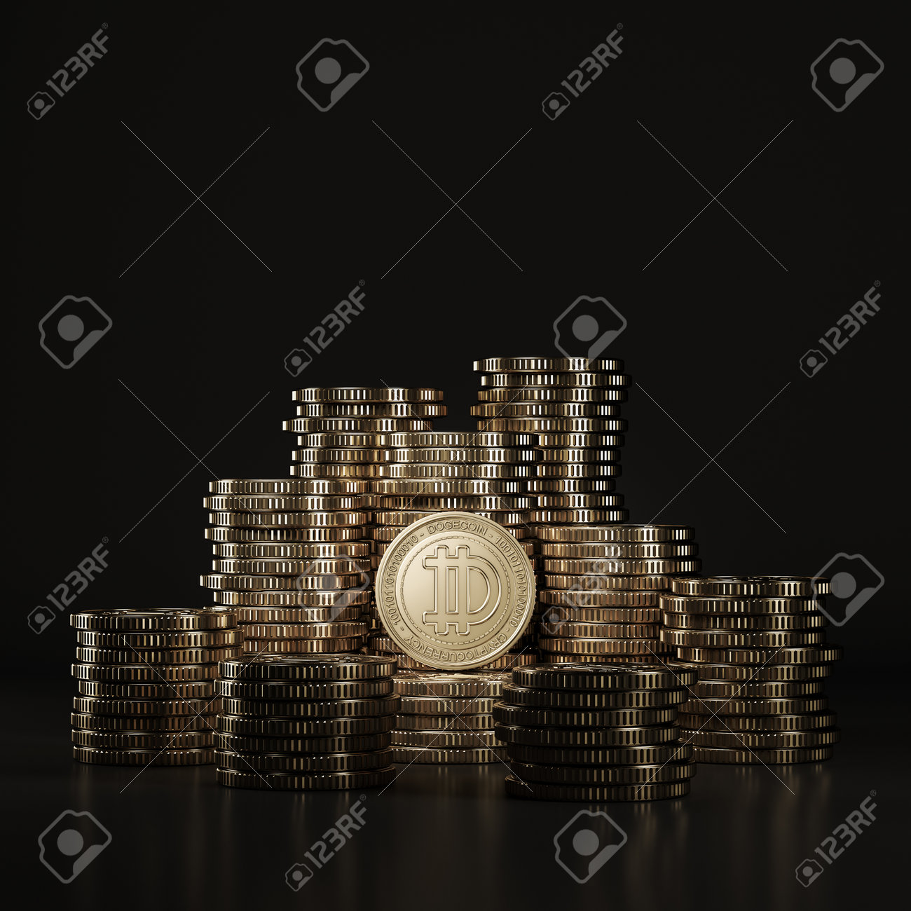 ゴールデンドージコイン（DOGE）コインは、黒いシーンに積み上げられ、金融、トークン交換の促進、広告目的のためのデジタル通貨コインのモックアップです。  3Dレンダリングの写真素材・画像素材 Image 170551139