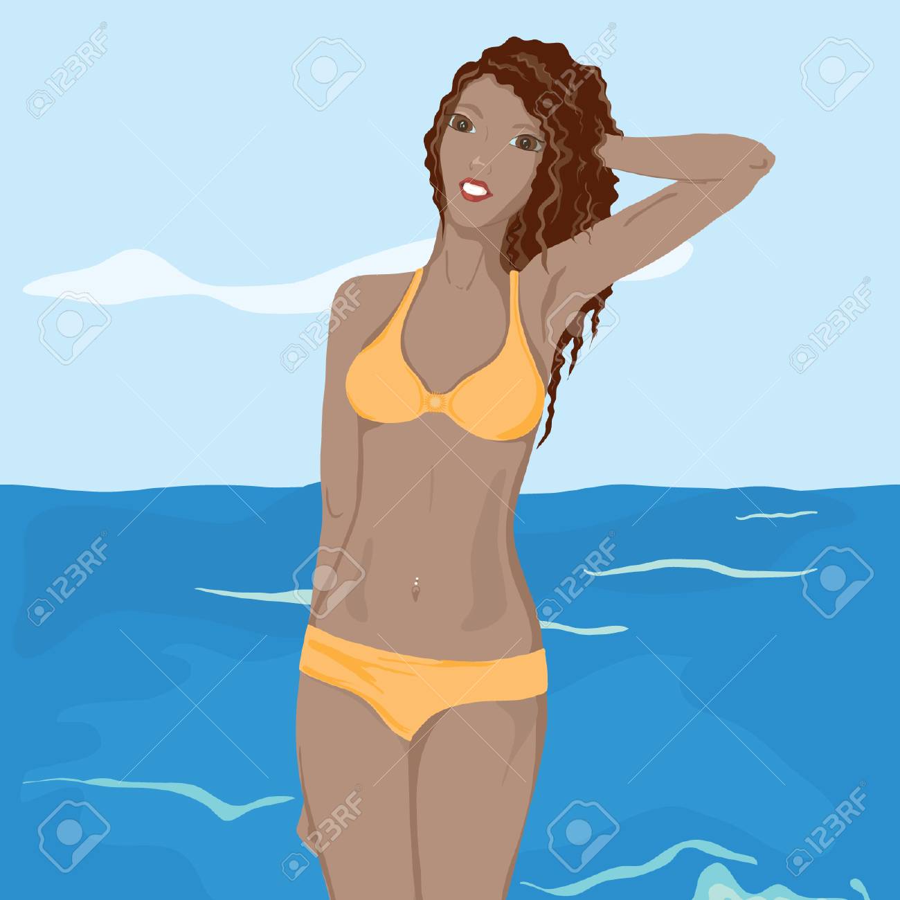 絵 手描き ドローイング 赤いビキニ姿の女性 手描きのセクシーな日本の