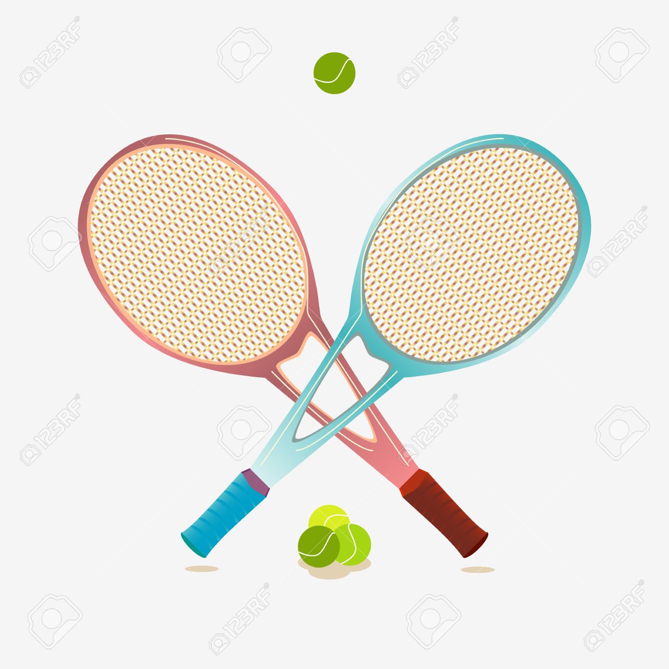 テニス用品のイラスト テニスのボールの数と十字の色の異なる 2 つのテニス ラケットを含む のイラスト素材 ベクタ Image