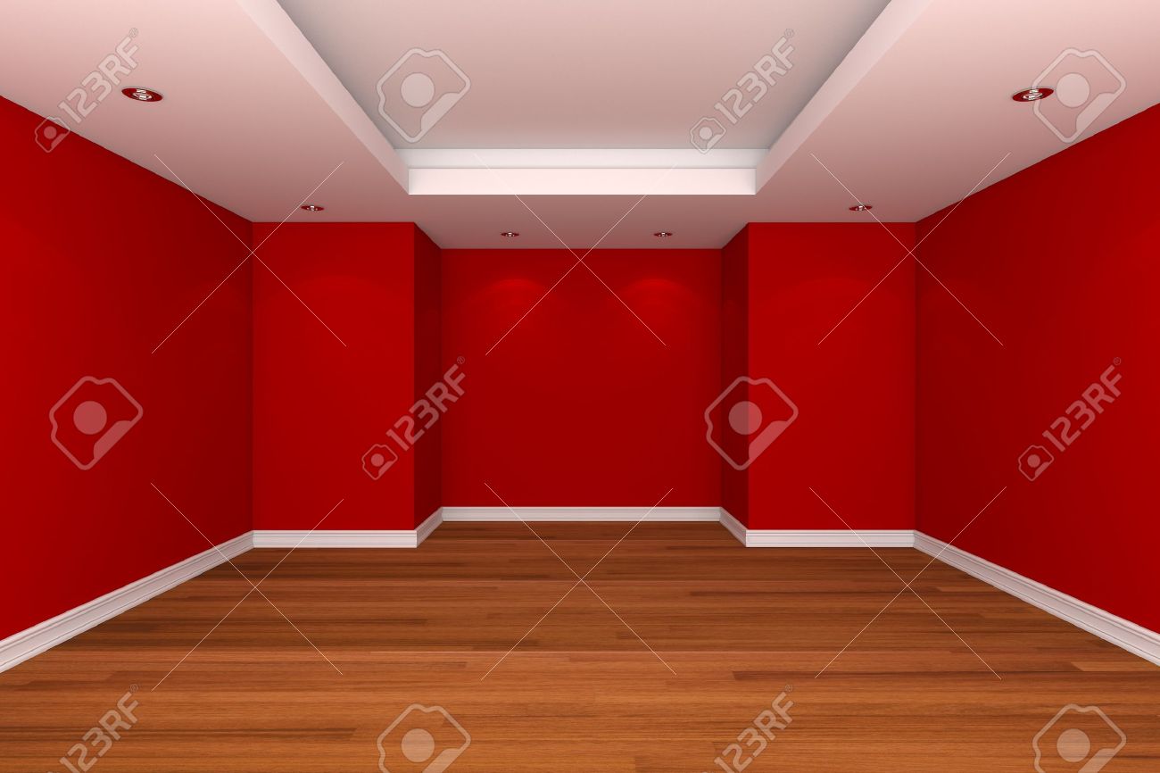 空の部屋のホーム インテリア レンダリングは木製の床と赤の色の壁を飾る の写真素材 画像素材 Image