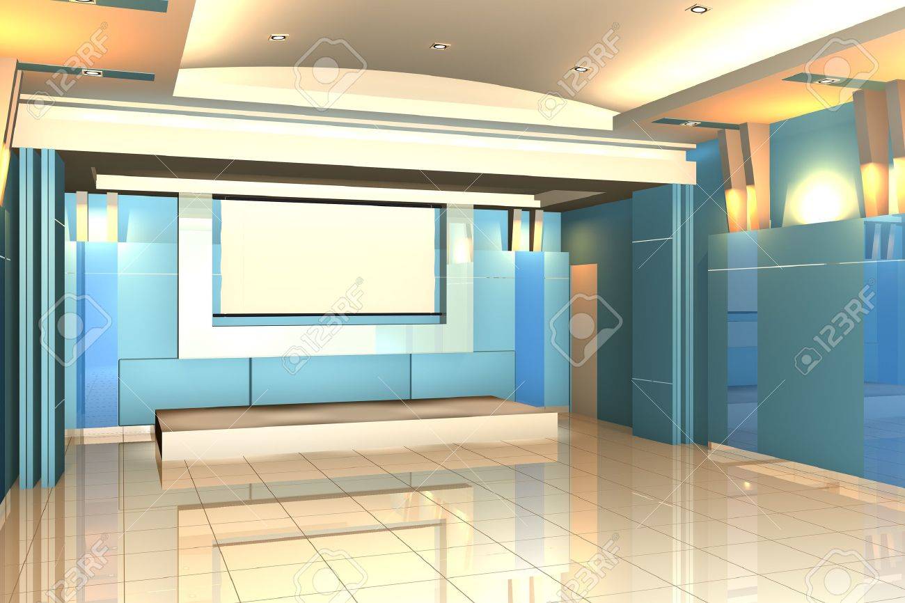 タイル張りの床とインテリア セミナー ルーム青の色の壁の空の部屋 の写真素材 画像素材 Image