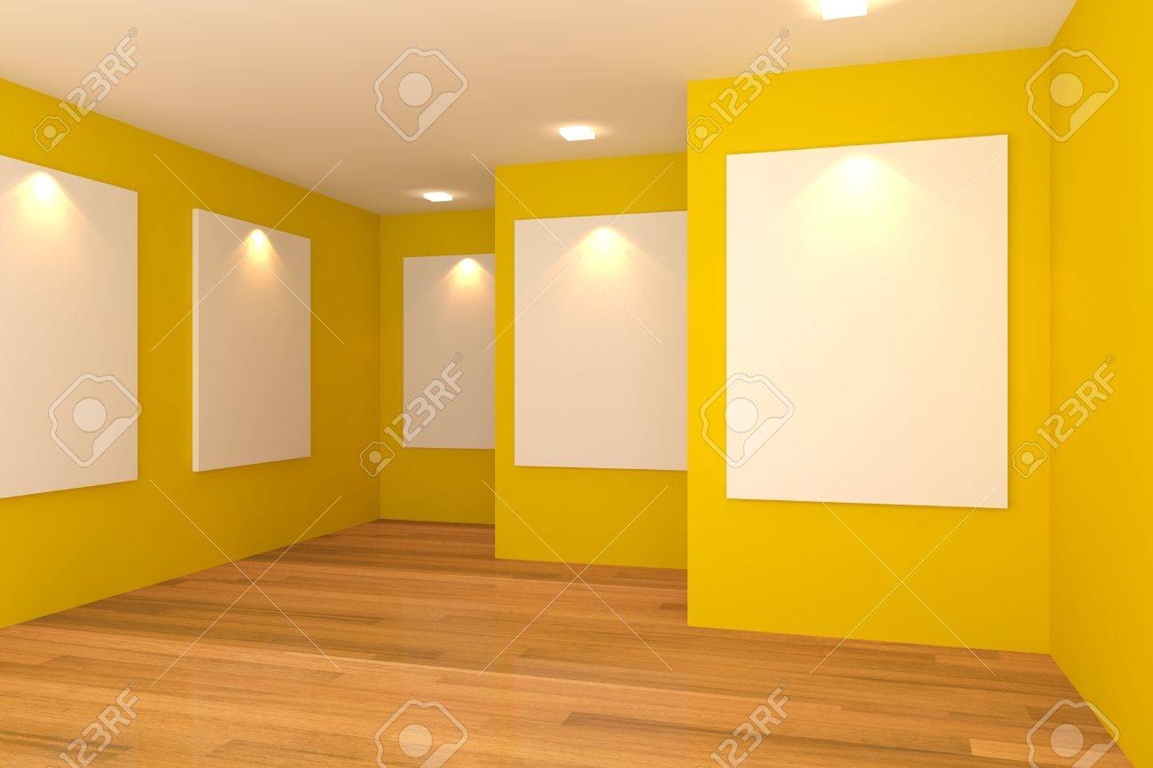 Intérieur De La Chambre à Vide Avec Toile Blanche Sur Le Mur Jaune ... Intérieur De La Chambre à Vide Avec Toile Blanche Sur Le Mur Jaune ...