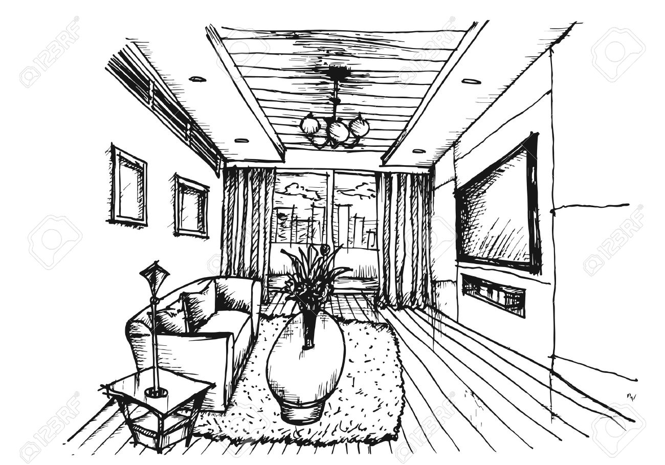 Dessin De Design D\'intérieur Pour Le Salon Sur Fond Blanc, Vecteur ... Dessin De Design D\'intérieur Pour Le Salon Sur Fond Blanc, Vecteur ...