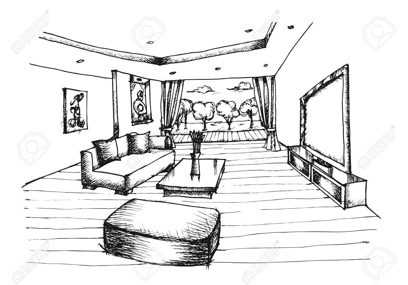 Dessin De Design D\'intérieur Pour Le Salon Sur Fond Blanc, Vecteur ... Dessin De Design D\'intérieur Pour Le Salon Sur Fond Blanc, Vecteur ...