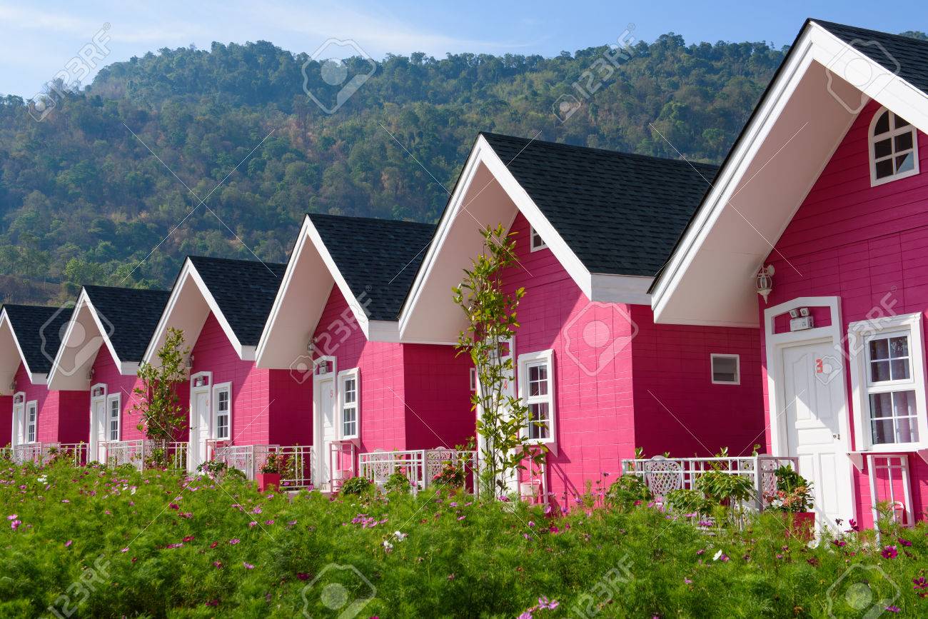 茶色の屋根と青い空が同じ行に接続する単一のピンクの家 の写真素材 画像素材 Image