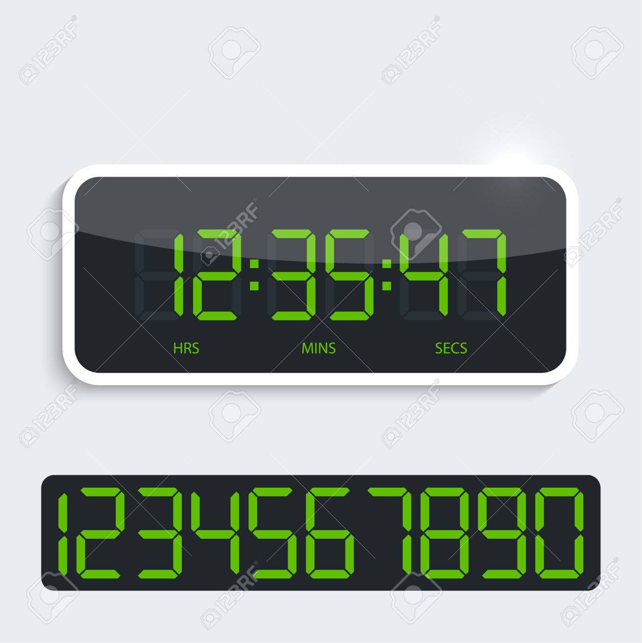 Reloj digital con panel de plástico brillante. figuras adicionales. Vector. Diseño moderno brillante, pantalla oscura, los números verdes Reloj digital con panel de plástico brillante. figuras adicionales. Vector. Diseño moderno brillante, pantalla oscura, los números verdes