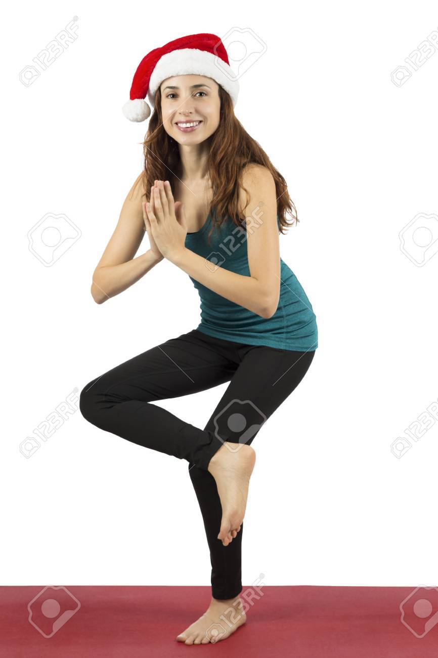 Yogi Christmas Woman Doing Tree Pose Variation Stock Photo Yogi Christmas Woman Doing Tree Pose Variation Stock Photo