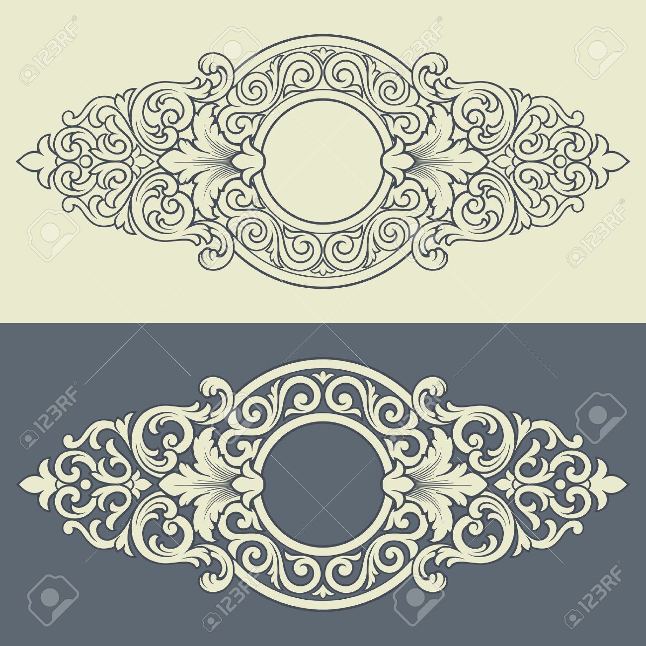 旧式なバロック様式の装飾的なデザインでレトロな飾り細工のパターンを持つ彫刻ベクトル ビンテージ枠のイラスト素材 ベクタ Image