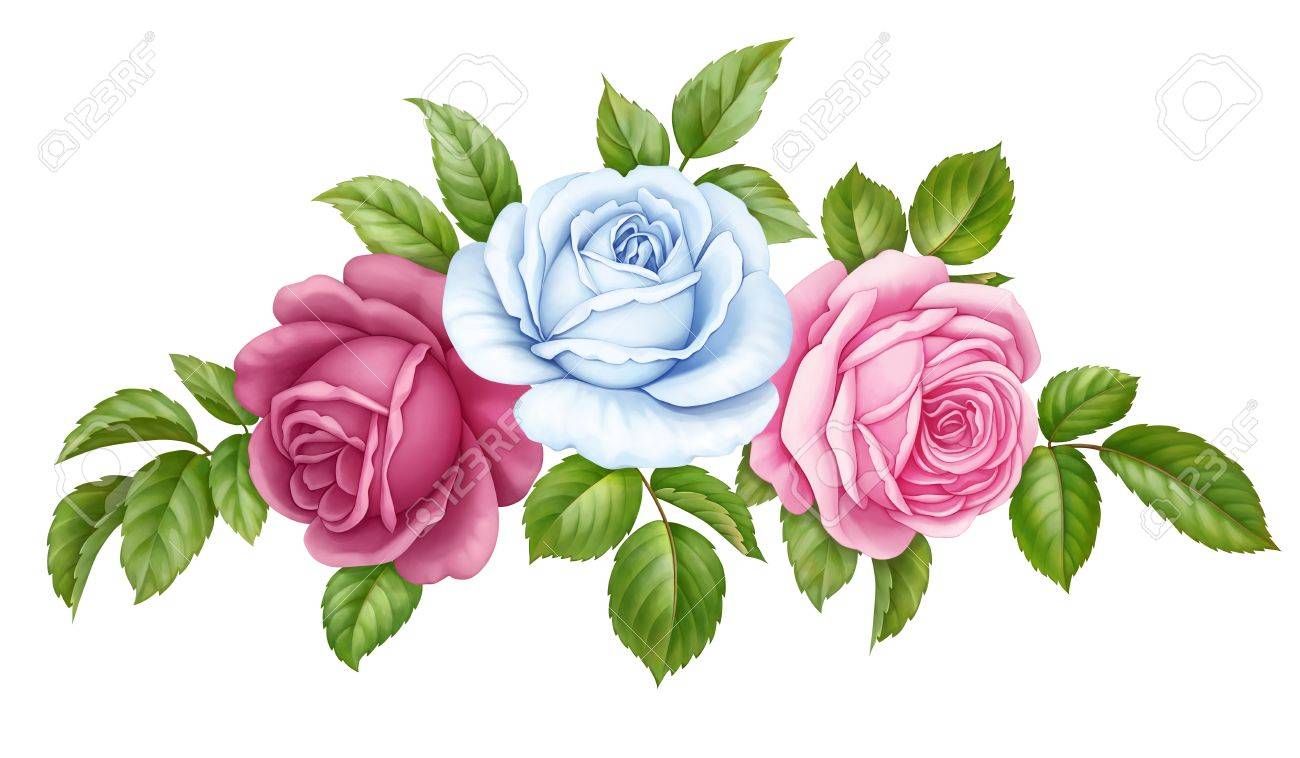 Set Floral Bouquet De Rose Rouge Blanc Cru Bleu Fleurs Rose Feuilles Vertes Isolé Sur Fond Blanc Illustration Numérique Daquarelle