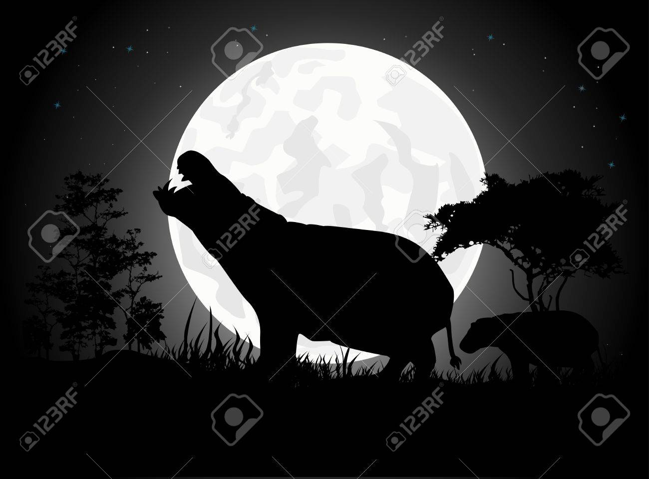 巨人の月の背景を持つ美しいカバ シルエット のイラスト素材 ベクタ Image