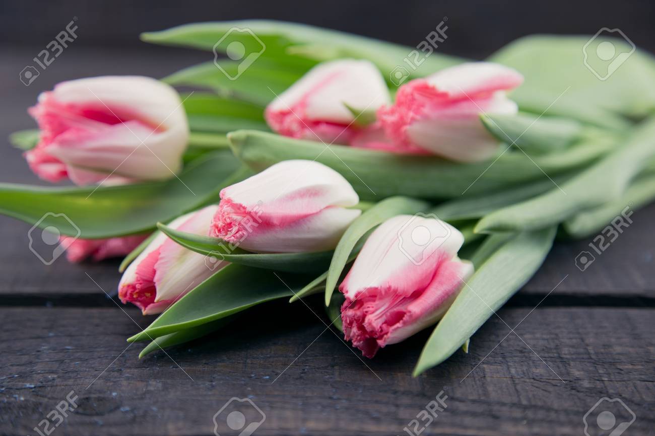 Bouquet De Tulipes Sur Fond En Bois Rustique Foncé Fleurs De Printemps Carte De Voeux Pour La Saint Valentin La Fête Des Mères Et Les Fêtes De La