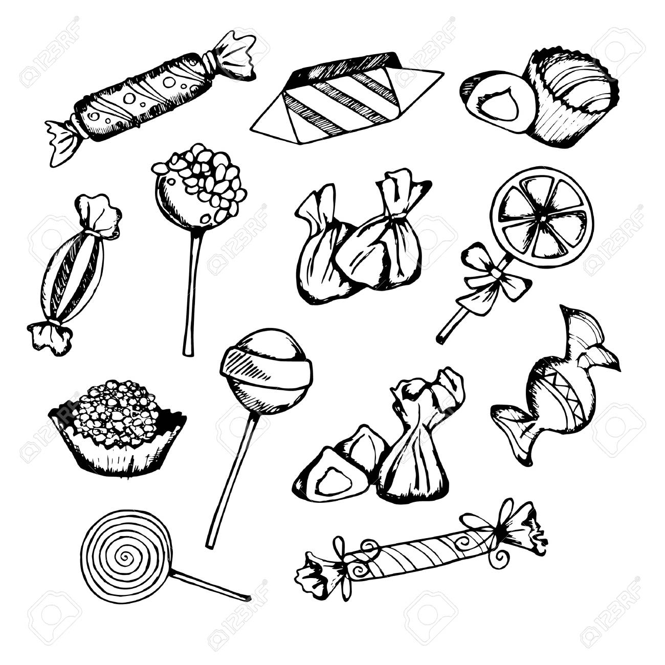 Candy lollipops sweets set of black and white sketches on white background