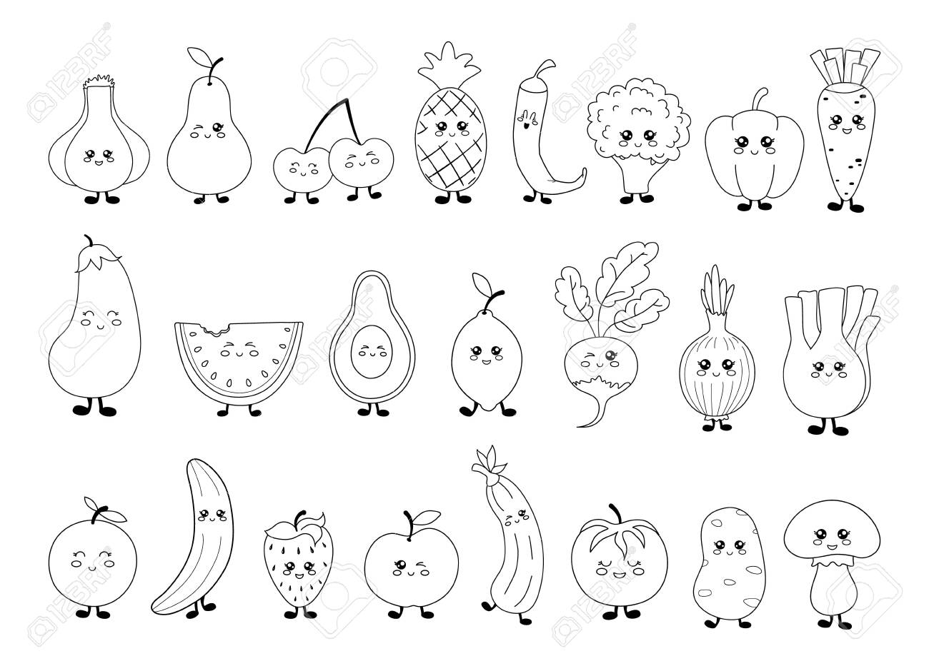 Set Of Black And White Images Of Cute Kawaii Vegetables And Fruits. Black  Contour On White Background, Line, Isolated Objects, Design Elements. Funny  Characters For Children, Illustration Royalty Free SVG, Cliparts, Vectors,, image size:1300x940