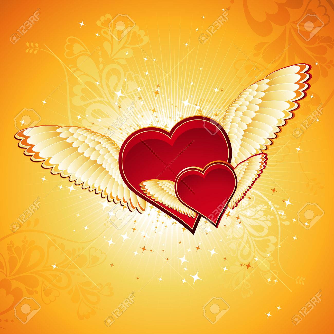 Deux Jolie Coeur Rouge Sur Fond Dore Avec Des Ailes Illustration Vectorielle Clip Art Libres De Droits Vecteurs Et Illustration Image