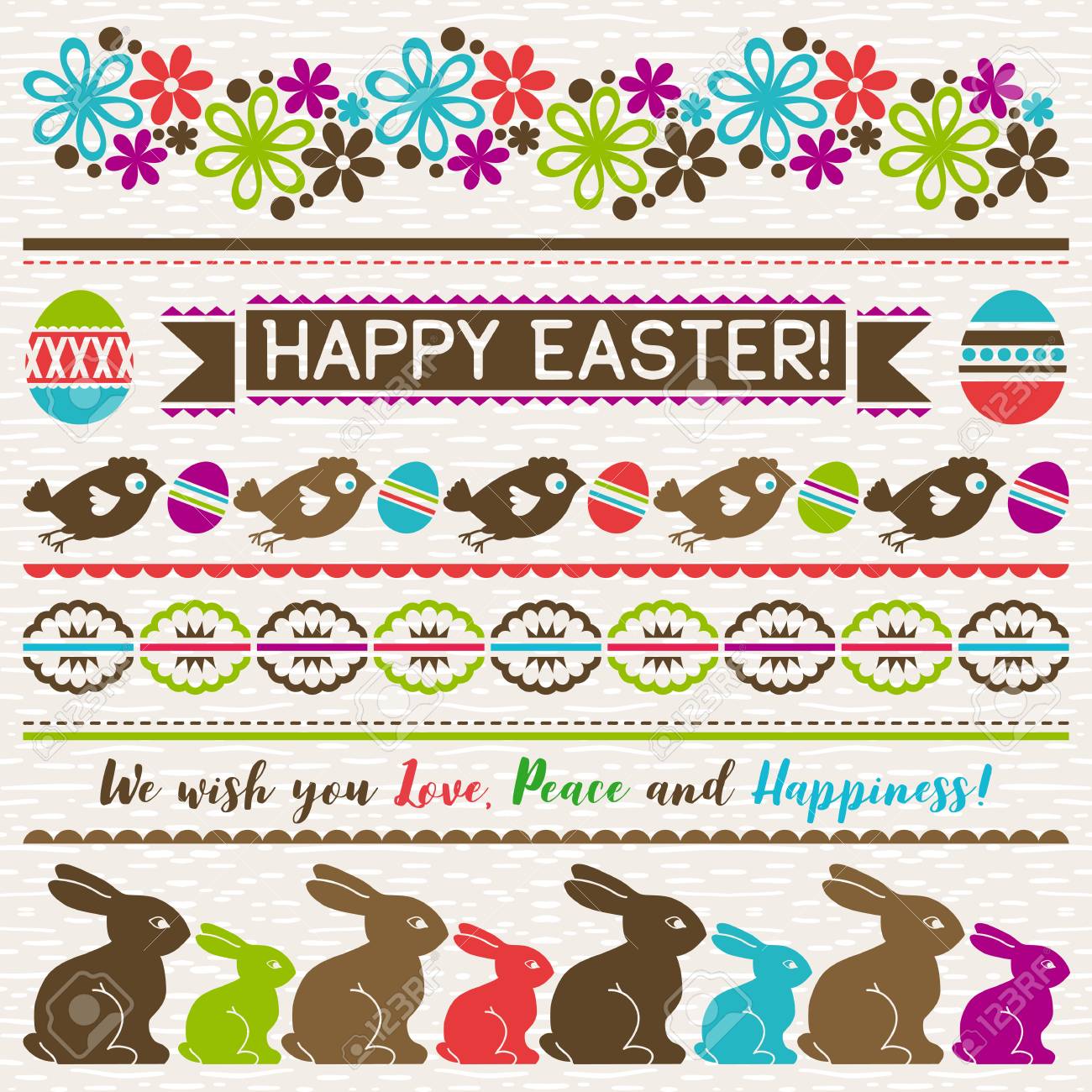 easter greetings cards with color easter eggs flowers and rabbits
