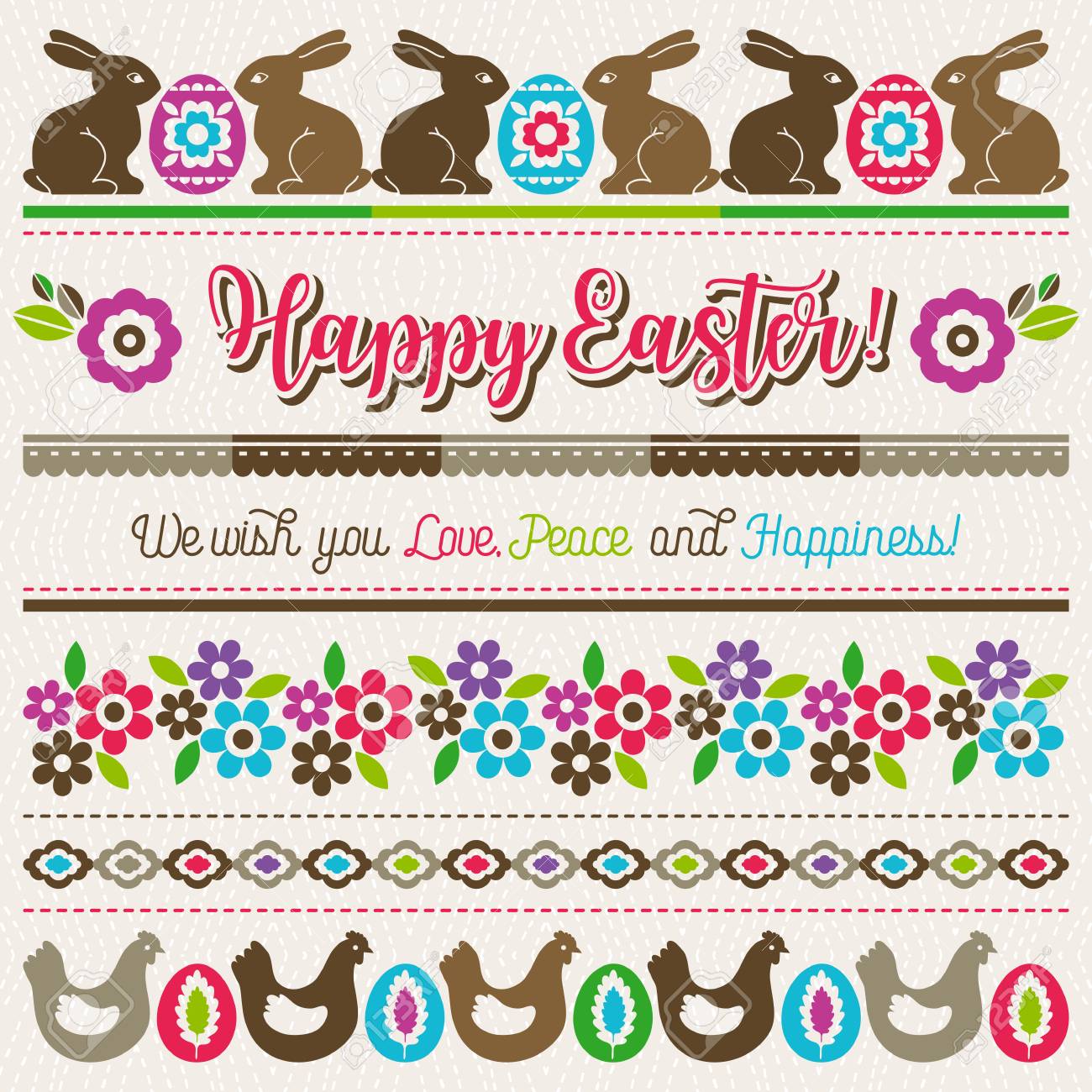easter greetings cards with color easter eggs flowers and rabbits