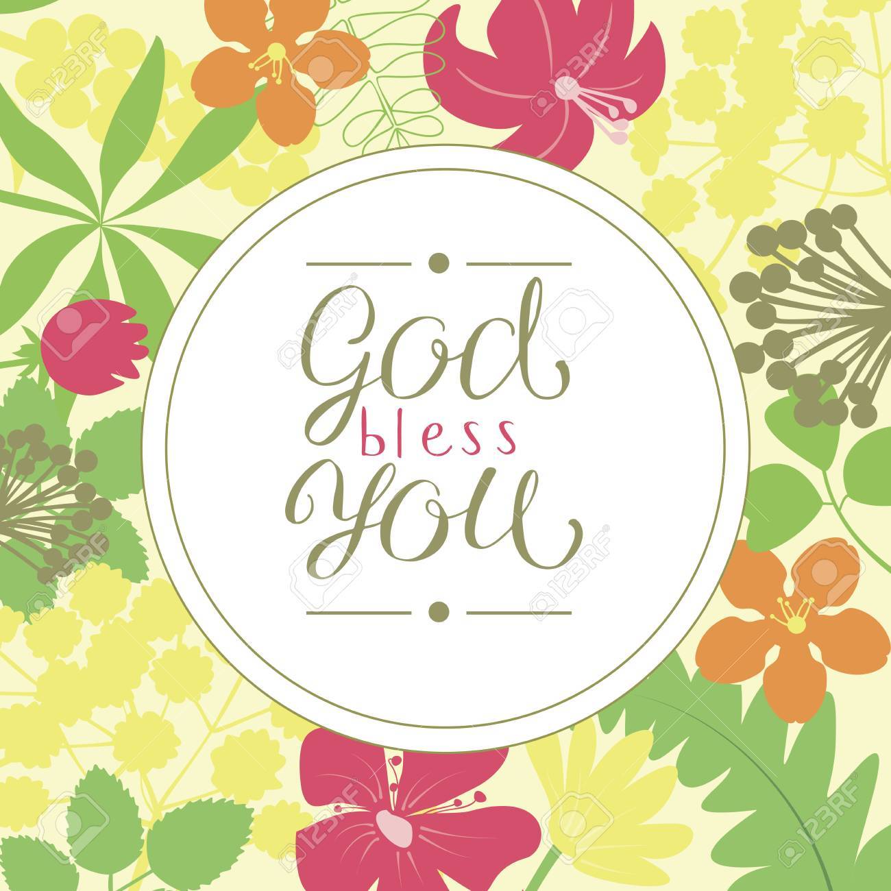 手レタリング神の祝福 花の背景に作られます キリスト教のポスター カードお祝いの言葉 現代書道 のイラスト素材 ベクタ Image