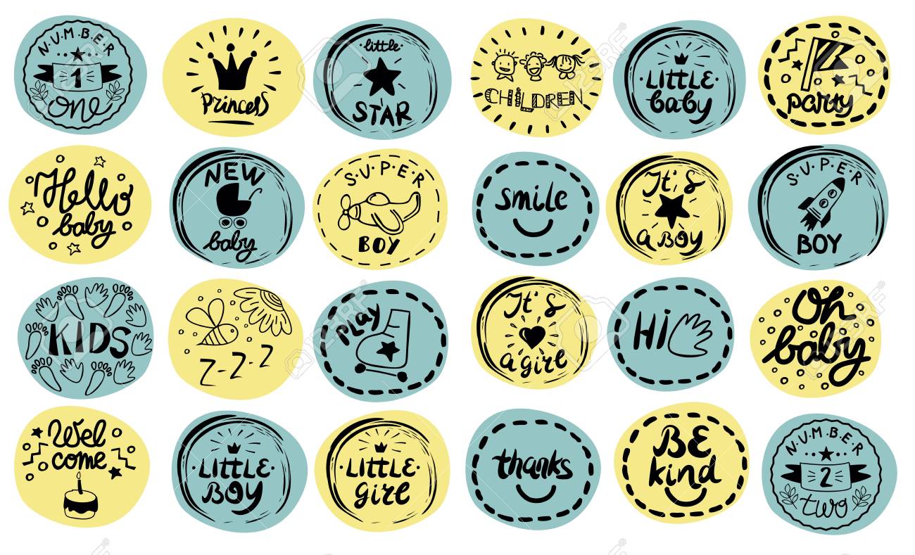 24 子供の手書きでロゴ プリンセス 小さな星 かわいい赤ちゃん こんにちは 子供の背景ポスター エンブレム のイラスト素材 ベクタ Image