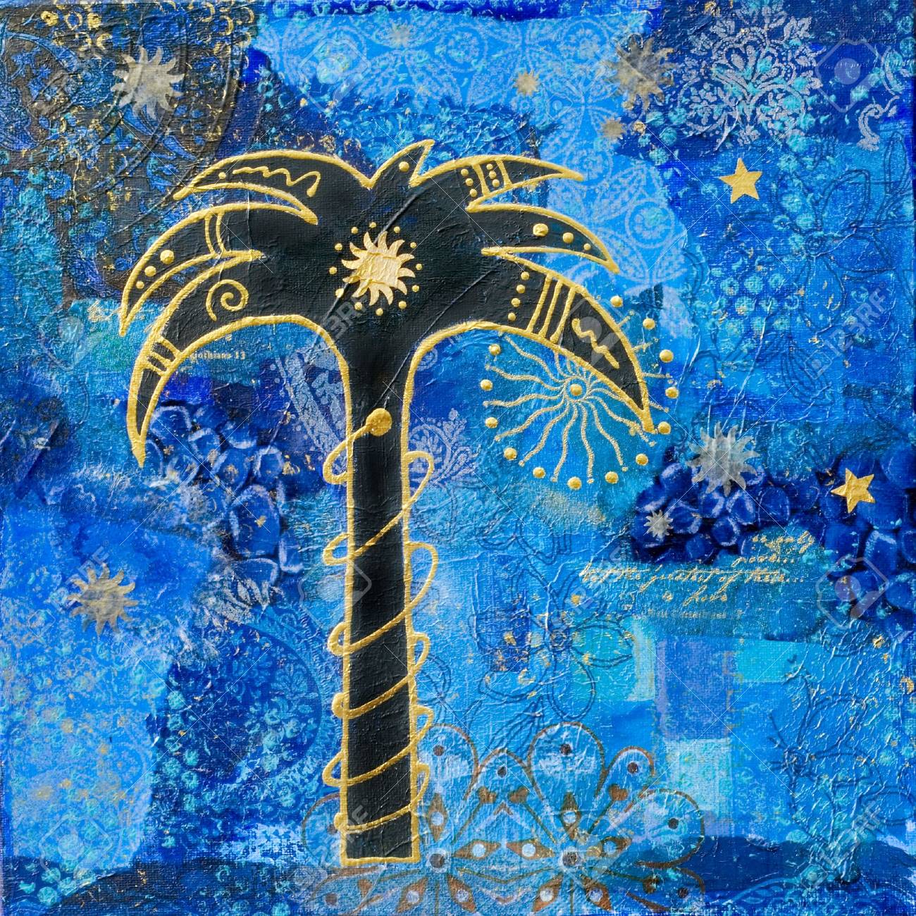 collage painting with palm tree artwork is created and painted