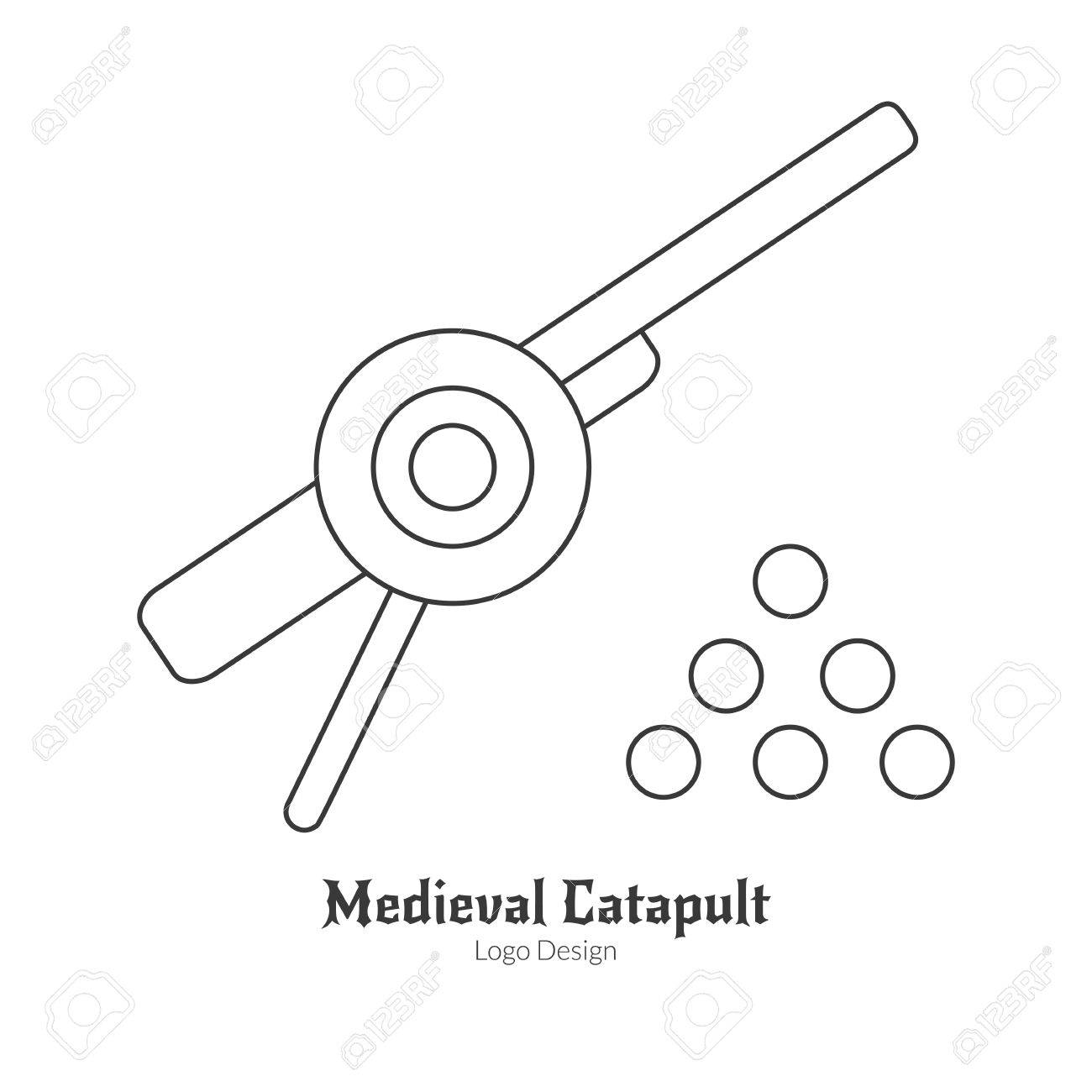 中世の大砲と砲弾 カタパルトします 細い線スタイルは 白い背景で隔離 概要中世テーマのシンボル 簡単なモノラル リニア ピクトグラムのイラスト素材 ベクタ Image