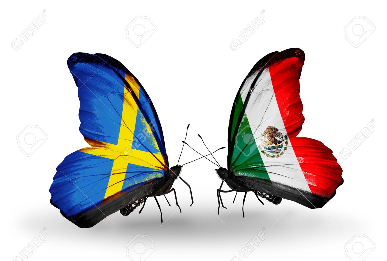 スウェーデン メキシコ関係の象徴としての翼のフラグで 2 匹の蝶 の写真素材 画像素材 Image