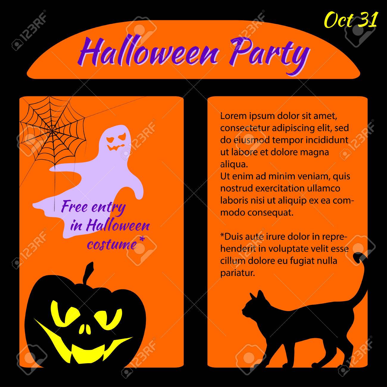 halloween party template with pumpkin cat ghost and spider