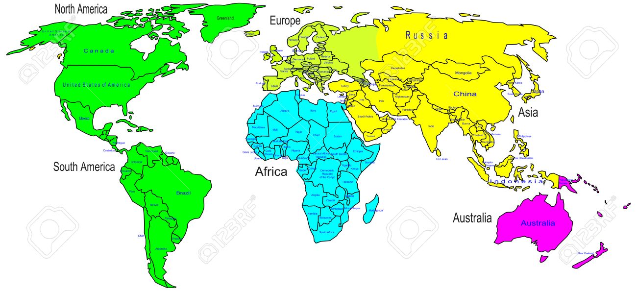 世界色の地図の大陸と国の名前のイラスト素材 ベクタ Image 27948223