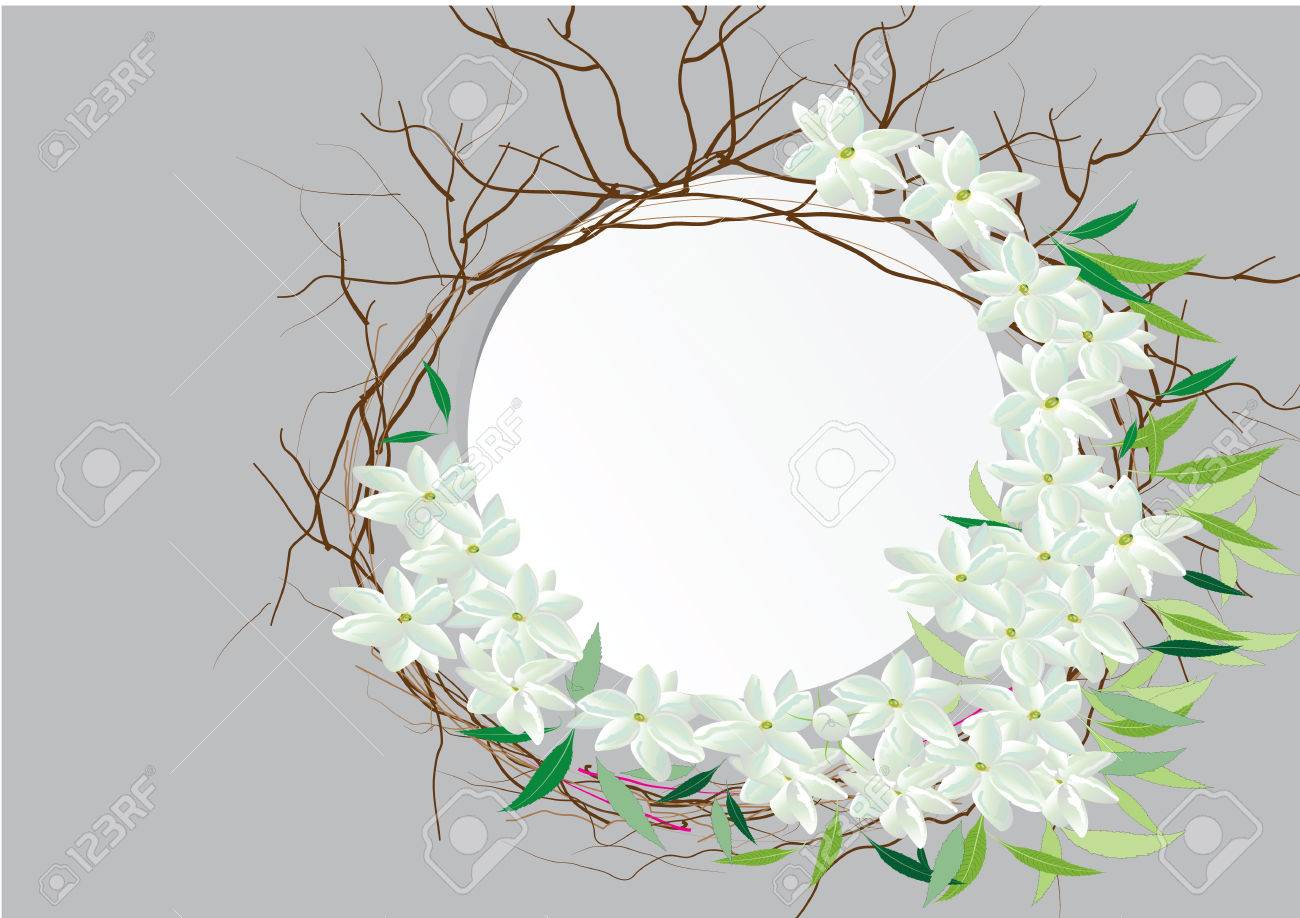 テンプレート ホワイト ペーパー サークル形状カバー外ジャスミンの花 クラウン ジャスミン花葉トップ ビュー ベクトル イラストのイラスト素材 ベクタ Image