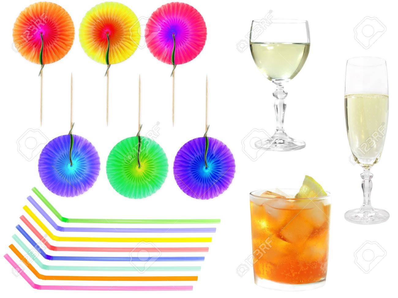 party set with cocktail wine champagne straws and decorations stock