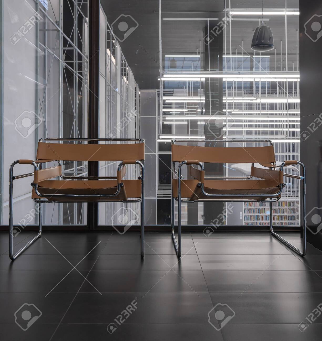 Modern Metal Armchair Genuine Leather Brown Interior Decoration Stock Photo Picture And Royalty Free Image Image 138985532