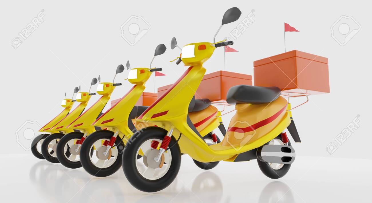 Yellow Model Motorcycle With Orange Box And Red Frag For Concept Stock Photo Picture And Royalty Free Image Image 144172548