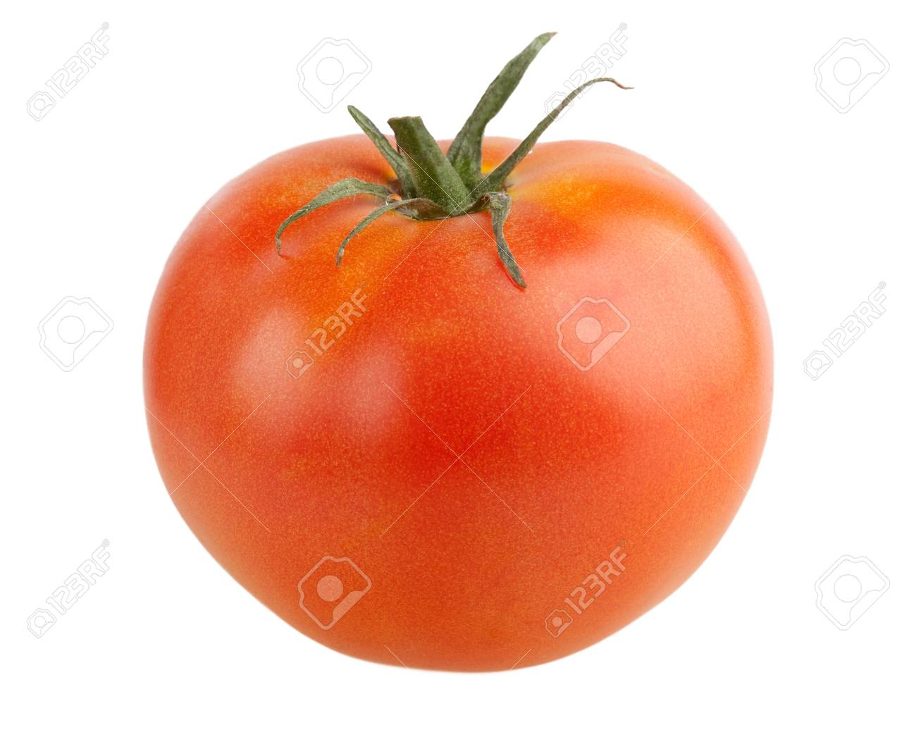 One Tomato Isolated On A White Background. Stem Green, Not Dried. The Skin  Is Thin, Is