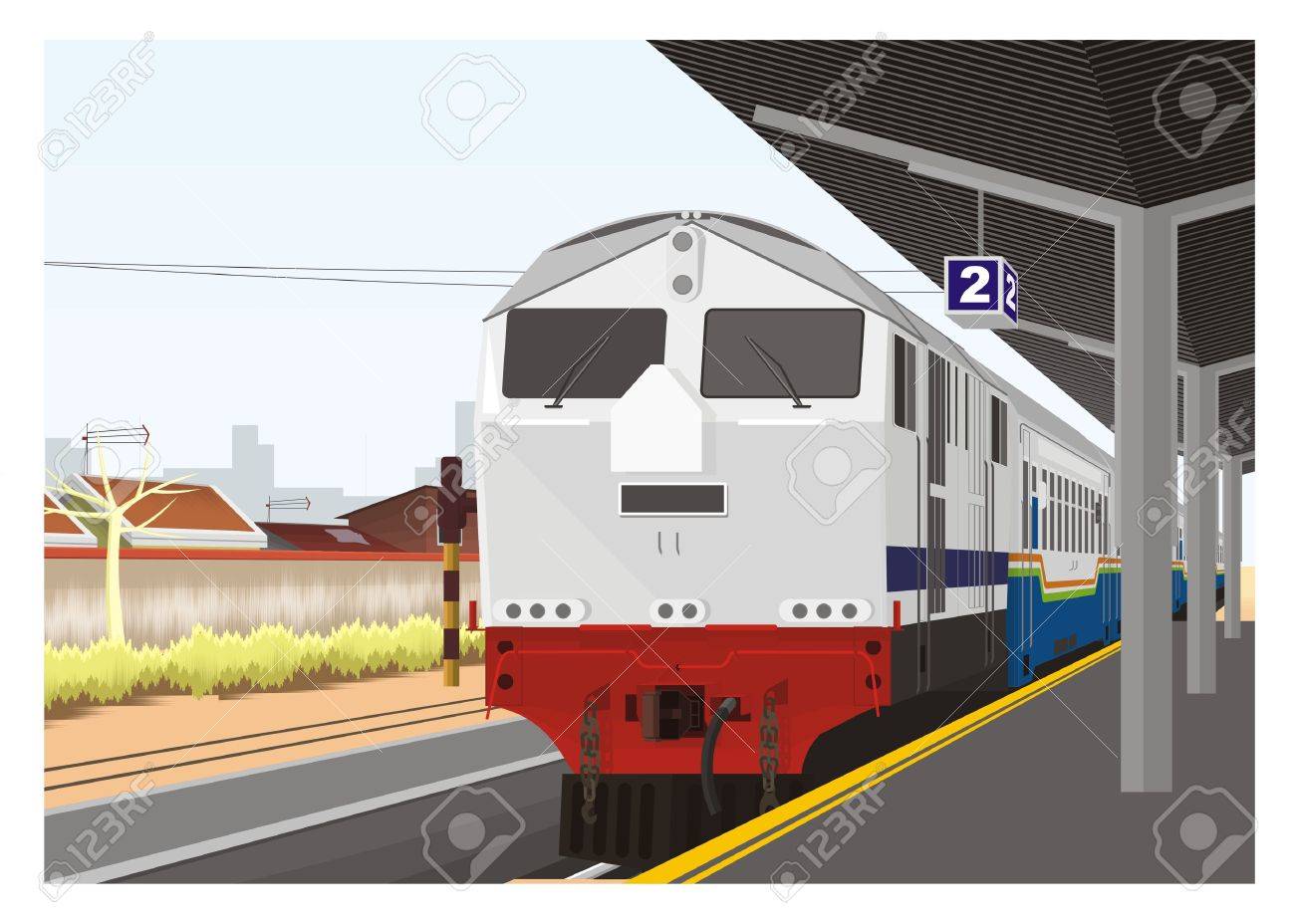 鉄道の駅のホームに到着した列車 のイラスト素材 ベクタ Image