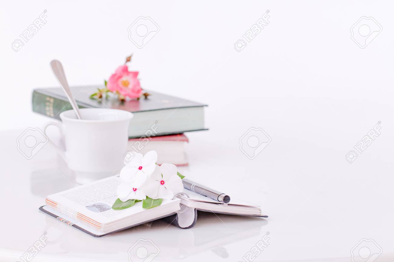 Libro Aperto Con Gli Occhiali E Vaso Di Rose Rosa Foto Stock Alamy