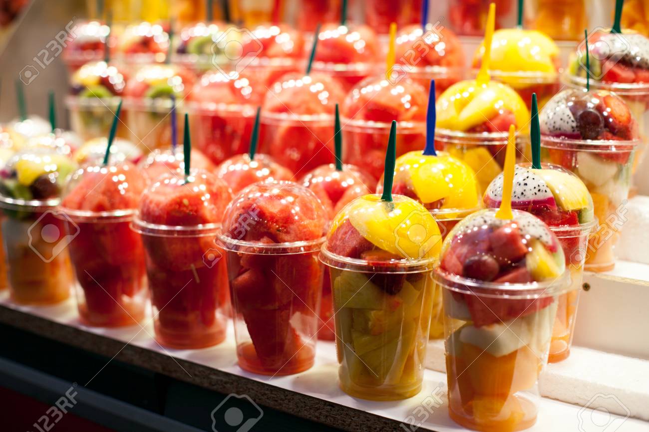 Fruit Salad Arranged In Plastic Cups At The Boqueria Market In Stock Photo Picture And Royalty Free Image Image