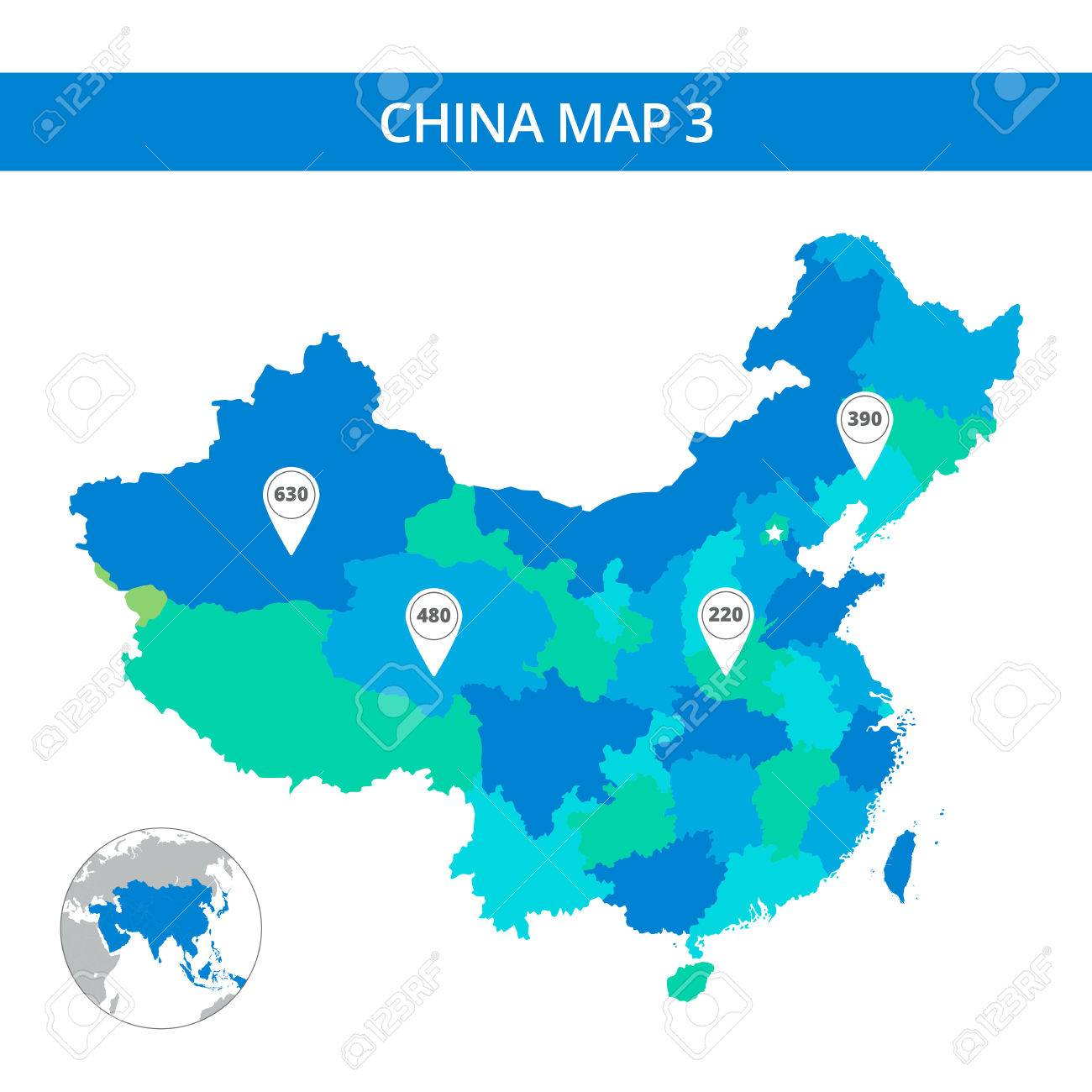 編集可能なテンプレートにマップ ポインターと白で隔離世界地図中国シルエット中国の詳細地図ののイラスト素材 ベクタ Image