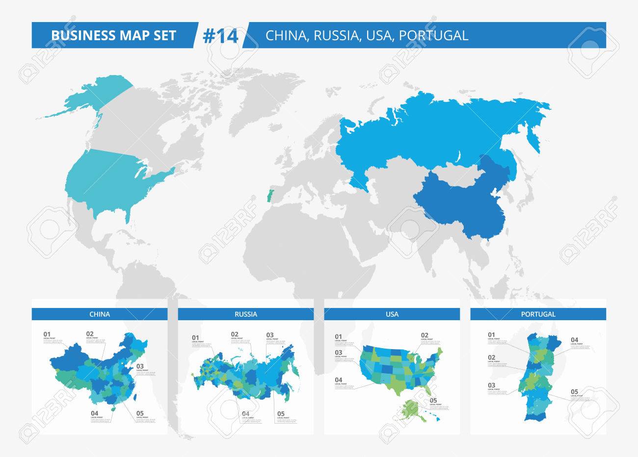 編集可能な詳細な地図世界地図に中国 ロシア 米国 ポルトガル 郡のシルエットのセットのイラスト素材 ベクタ Image 5052