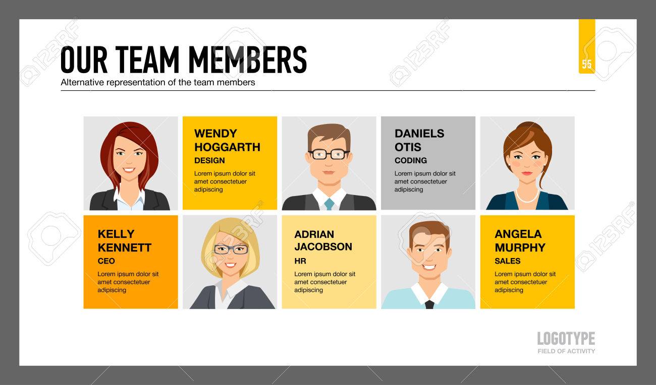 Editable Infographic Template Showing Company Team Members Portraits With  Personal Data And Sample Text Royalty Free SVG, Cliparts, Vectors, and  Stock Illustration. Image 51745910.