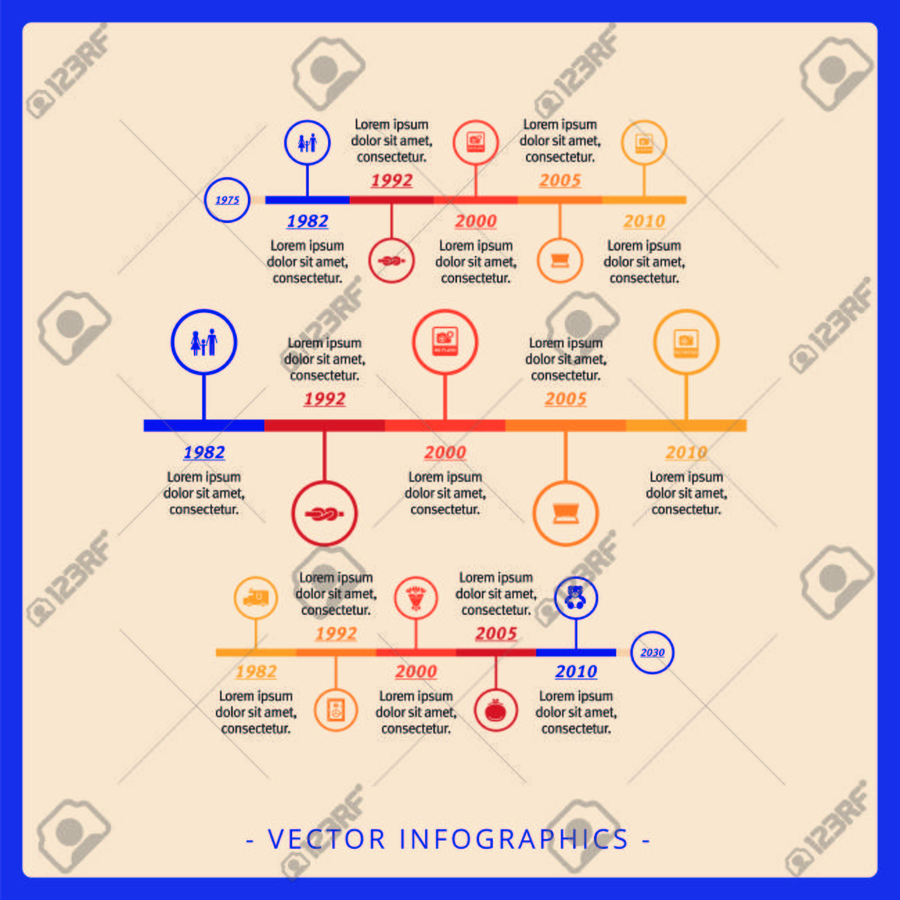 editable infographic template of three horizontal timeline diagrams