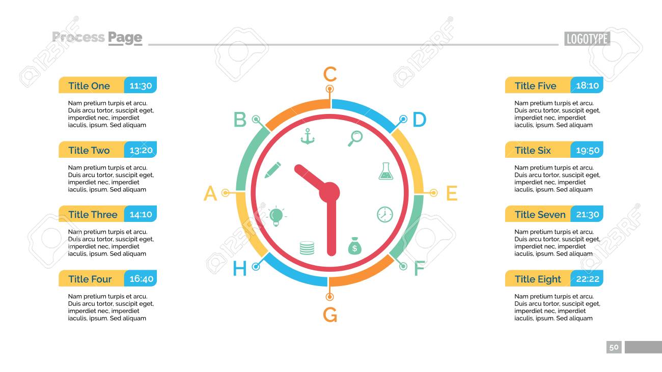 一日のスケジュールのスライドのテンプレートです。ビジネス データ。イベント、時計、デザイン。インフォ  グラフィックの創造的な概念。経営、教育、マーケティングのようなトピック。のイラスト素材・ベクター Image 87968511