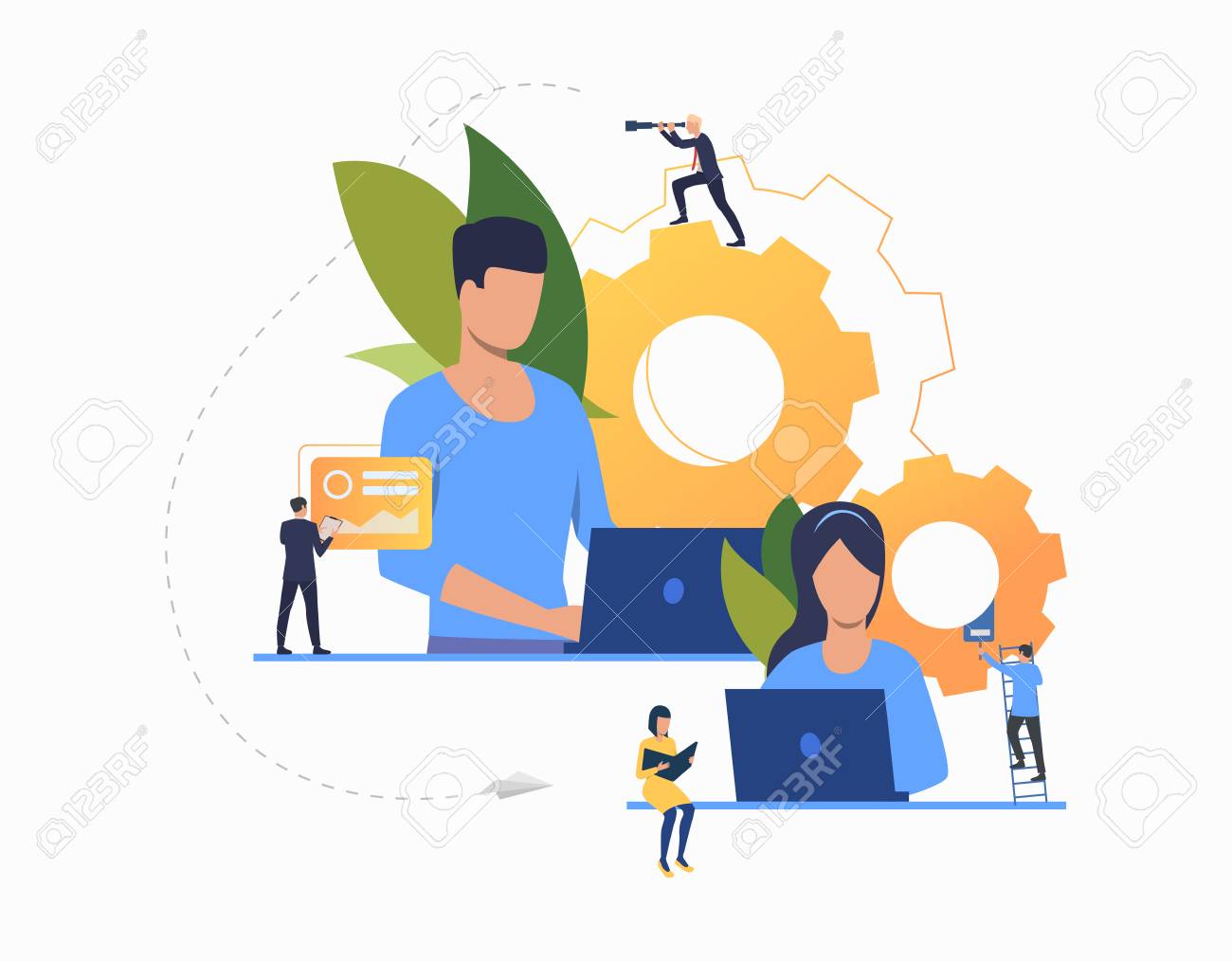 people infographic element with icons and 6 step or option. people icons such as working at the office, ceo man, helping other to jump, chemist working, teacher and students, partners claping hands