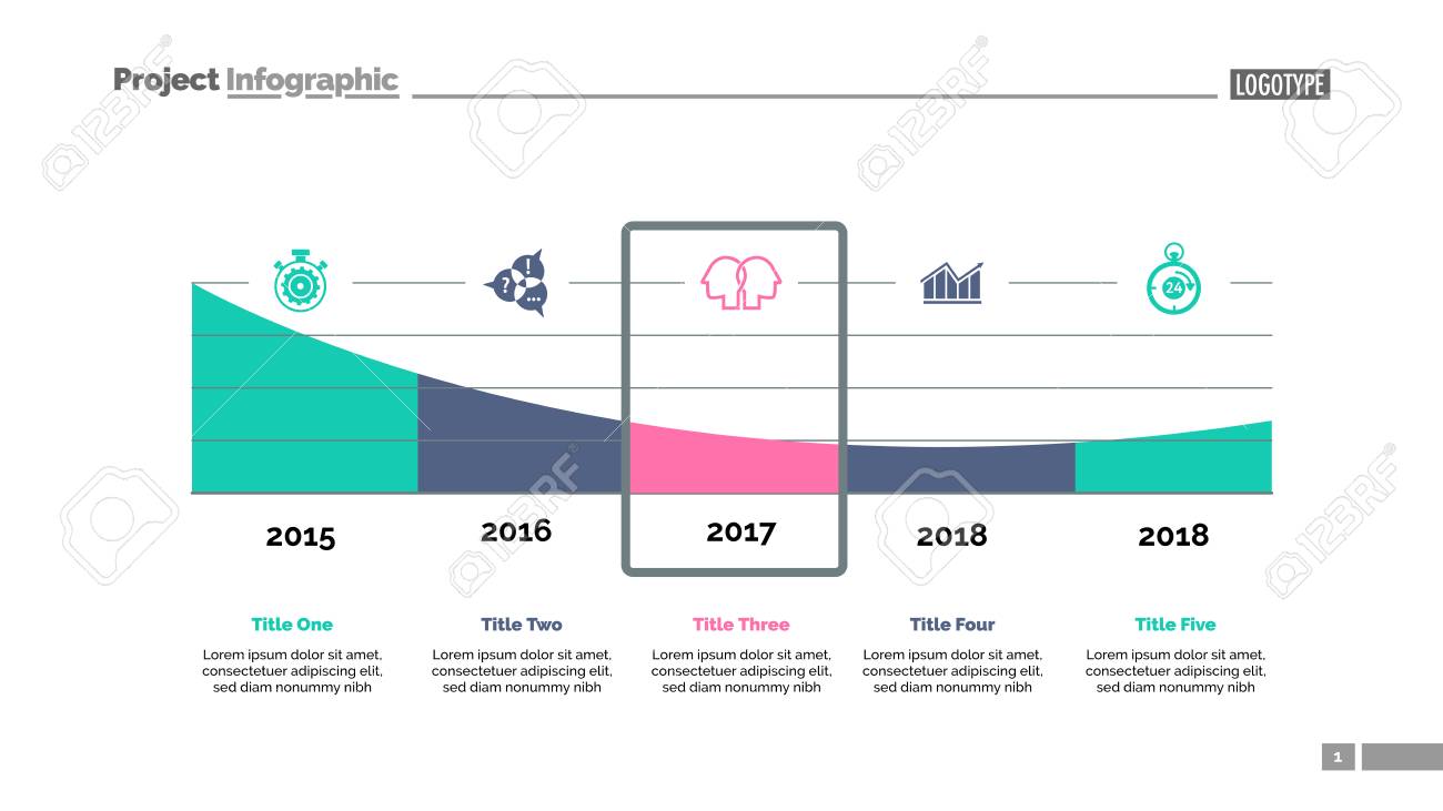 five parts area chart slide template business data timeline project timeline graphic