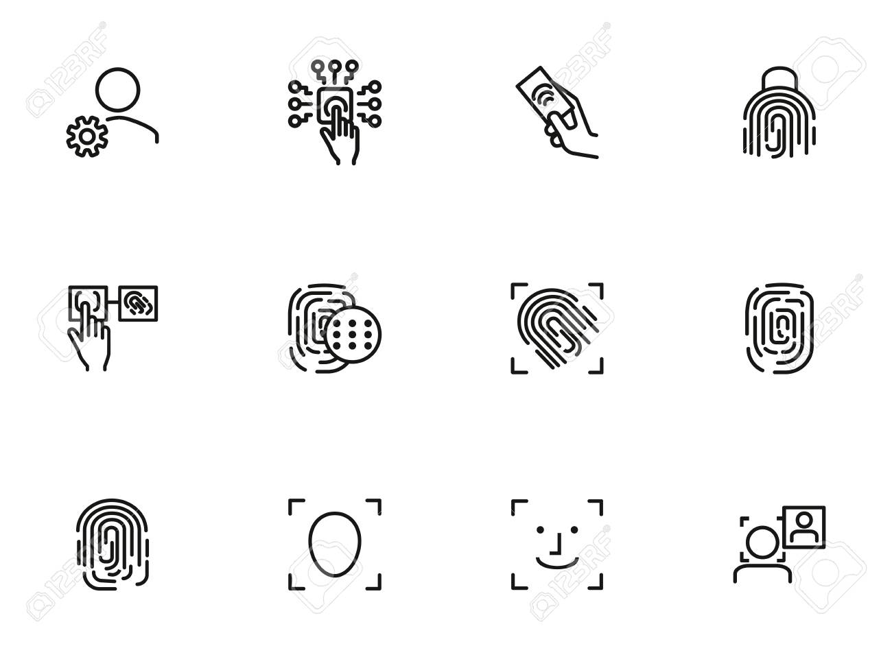 바이오 측정 기술 라인 아이콘 세트 손가락 보안 데이터 보호 안전 개념 벡터 그림은 시스템 컴퓨터 액세스와 같은 항목에 사용할 수  있습니다. 로열티 무료 사진, 그림, 이미지 그리고 스톡포토그래피. Image 118543796