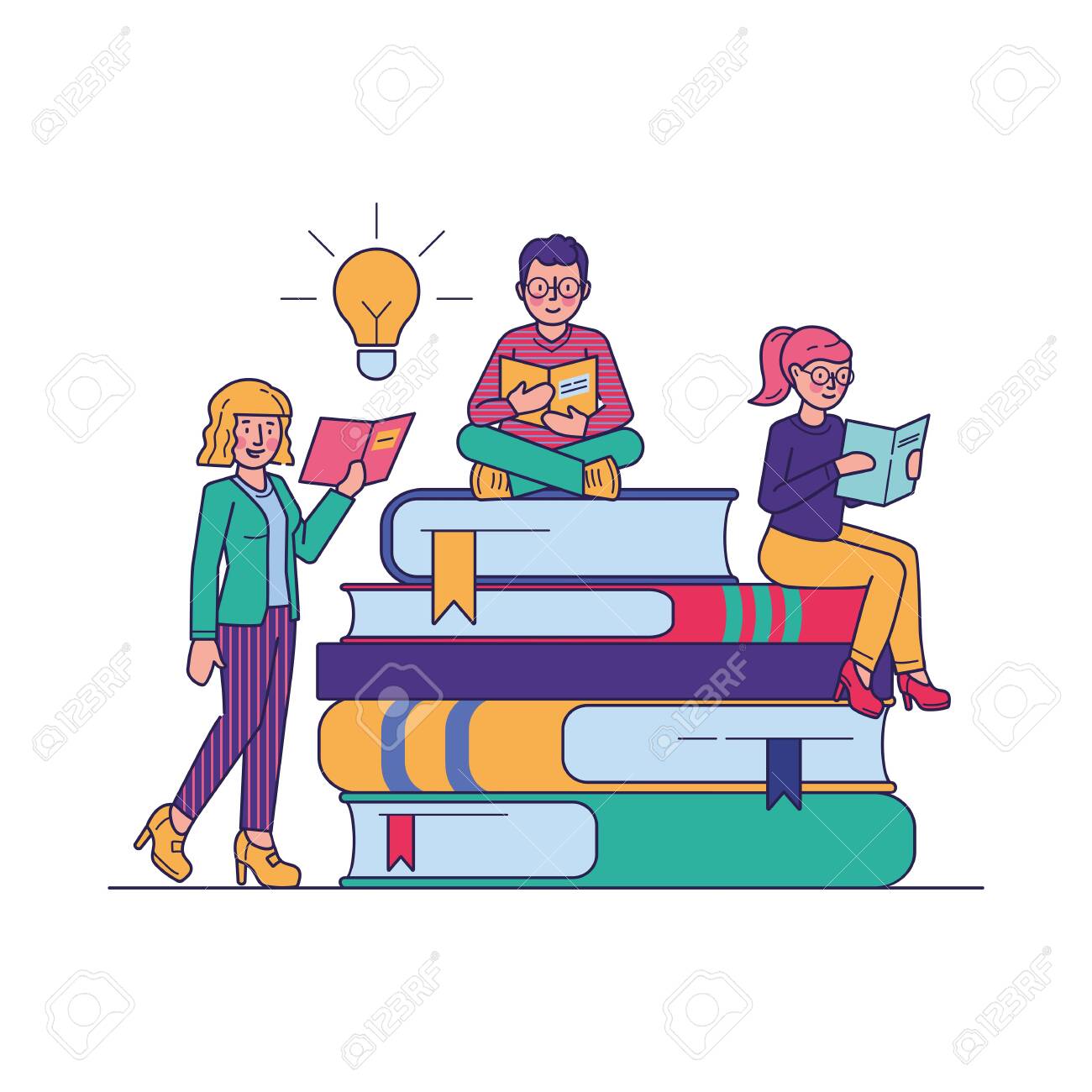 People Reading Books For Study Vector Illustration. Students Looking For  Information In Library Literature. Bookworms Sitting At Giant Book Pile.  Education And Learning Concept. Клипарты, SVG, векторы, и Набор Иллюстраций  Без Оплаты