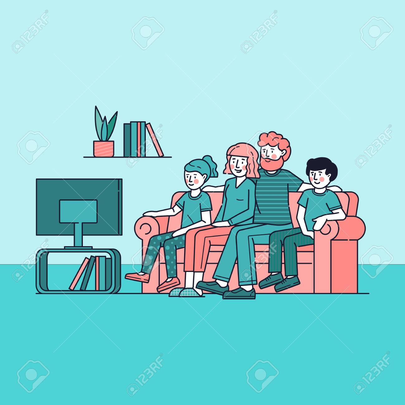 Happy Family Watching Television Together People Watch Tv In Living Room Flat Vector Illustration Parents And Children Get Entertainment Relax Watching Show Channel Movie Film Sitting On Couch Royalty Free Svg Cliparts